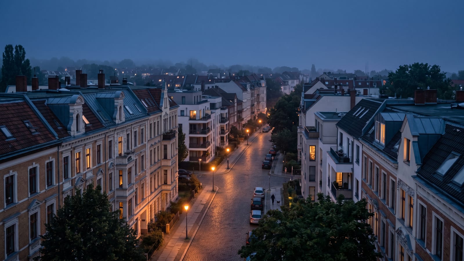 Deutsches Wohnquartier zur Blauen Stunde - Altbau und moderne Häuser, warme Fensterlichter